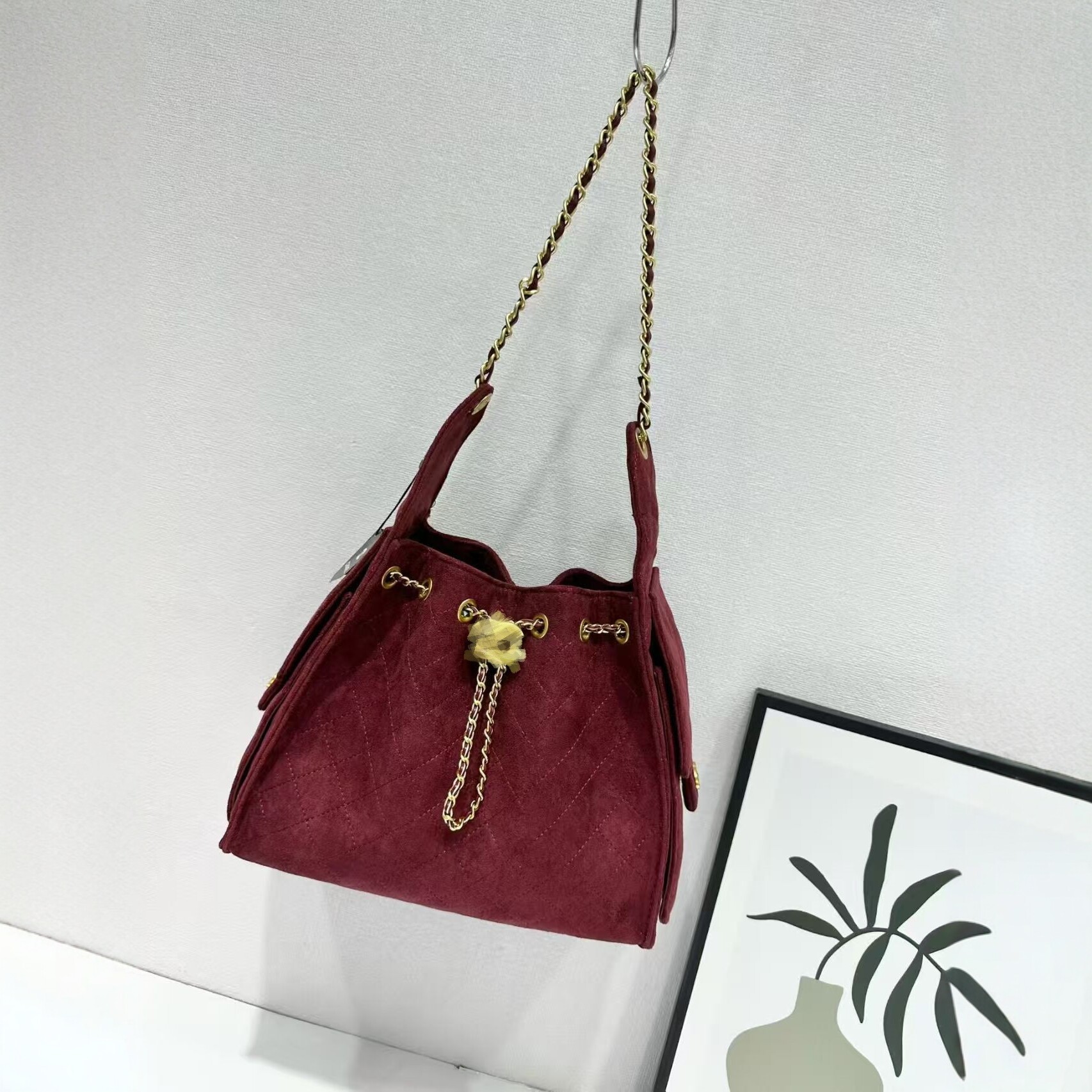 25bag New Suede Quilted Chain Bucket Bag For Women Drawstring Shoulder Crossbody Bag Fashion Retro Underarm Bag - Thumbnail 3
