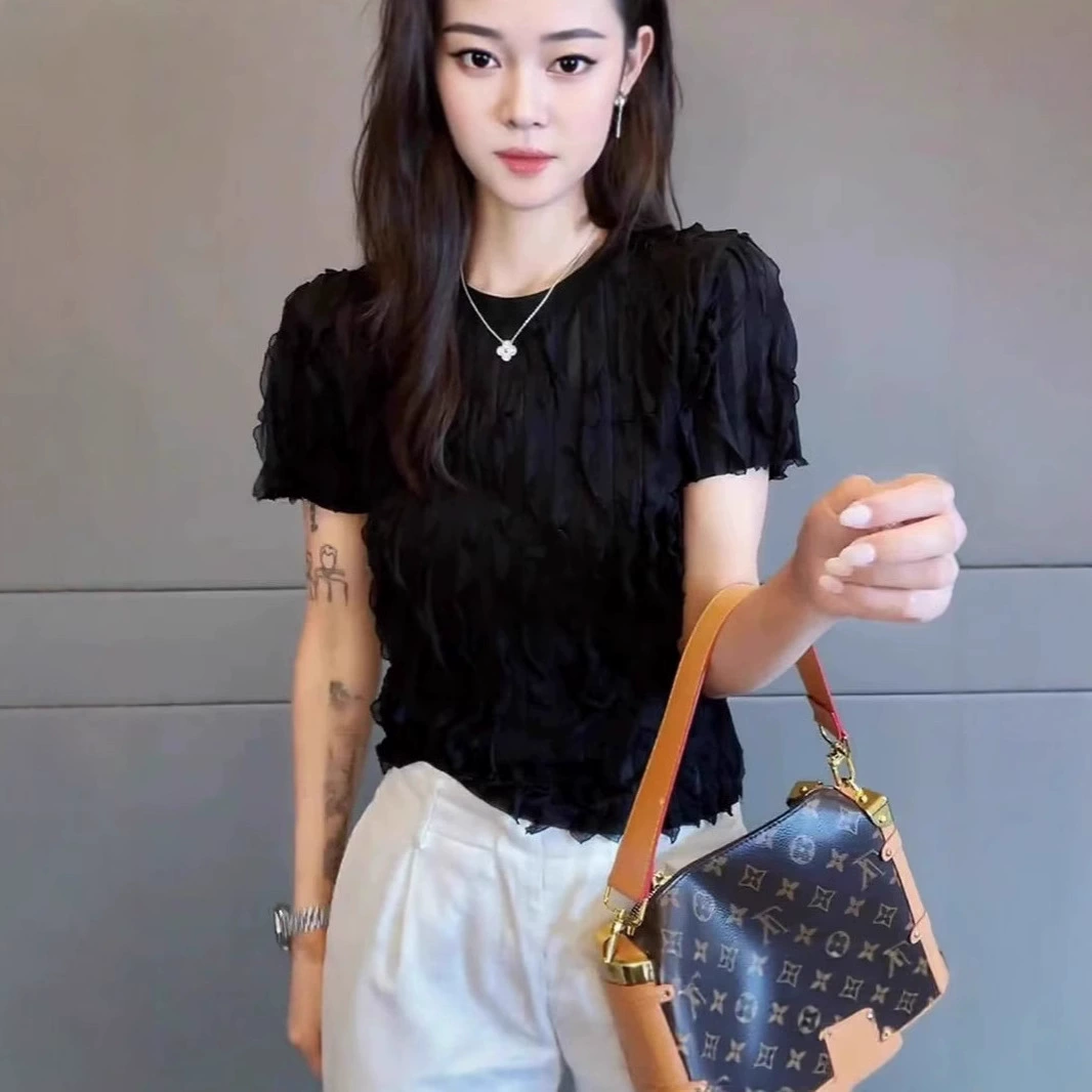 2025 новая летняя стерео футболка с круглым вырезом и короткими рукавами в форме листа лотоса, женский универсальный топ для похудения, элегантный облегающий дизайн