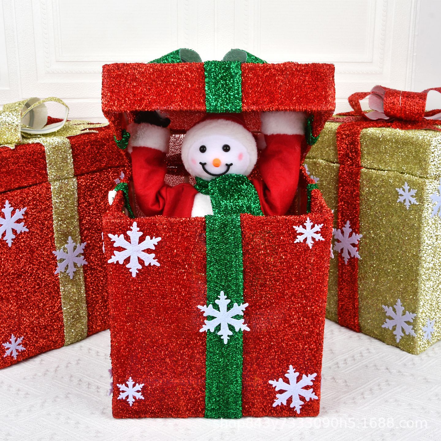 Decoración de Navidad caja abierta muñeco de nieve alce caja de regalo con luces ventana de música decoración de árbol de Navidad adornos de cabeza
