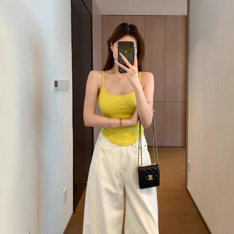 AY94 3D立体模杯胸垫一体超弹力细肩带辣妹蝴蝶结露背吊带背心|undefined