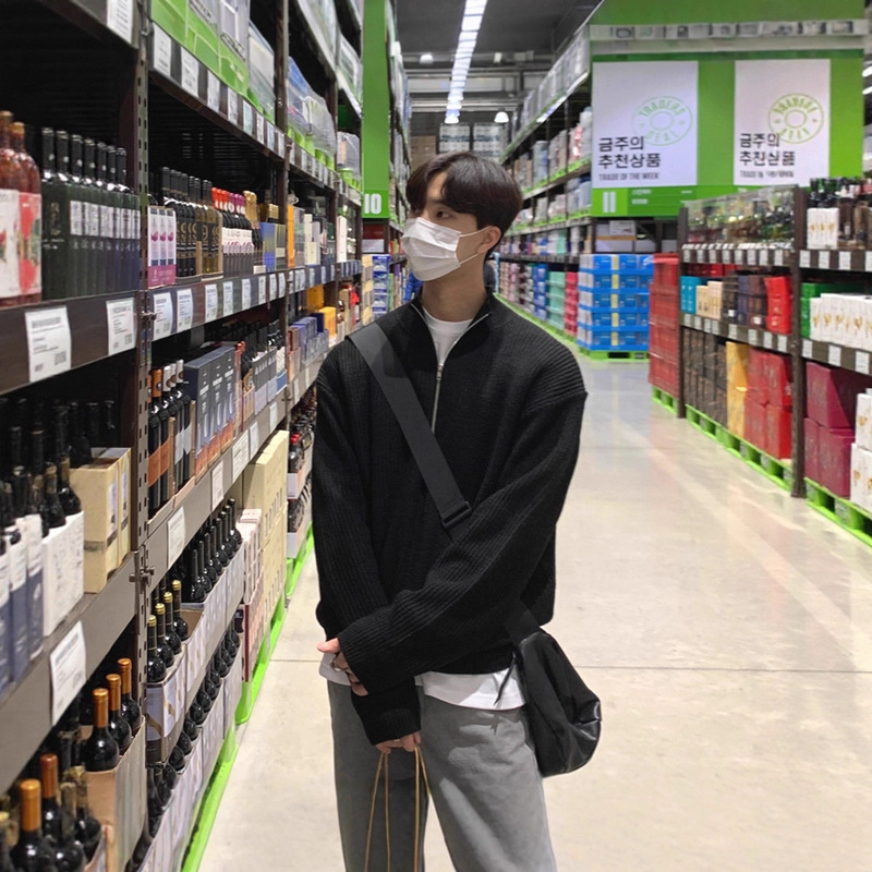 Korean Half-Zip Knitwear Men's Mid-High Collar Pullover Loose Long-Sleeved Blouse American Stand-Up Collar Wool Sweatshirt Jacket