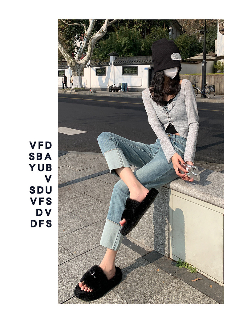 HEY+JEANS韩系翻边直筒裤女2023春季十三行高腰显瘦法棍九分裤详情14