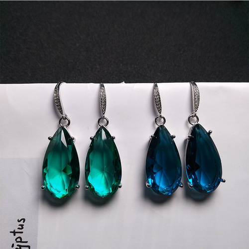 Xingheng jewelry wholesale imitation emerald ear hooks platinum-plated drop-shaped blue crystal ear hooks emerald drop ear hooks
