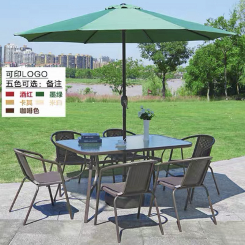 150x90 직사각형 테이블 + 의자 6개 + 중앙 기둥 우산