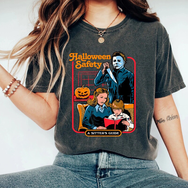New washed vintage cotton Halloween horror movie print street retro t-shirt, street style round neck short sleeve t-shirt