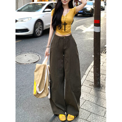 アメリカンレトロミリタリーグリーンシミタージーンズレディース夏デザインルーズスリムワイドレッグワークウェアカジュアルパンツ