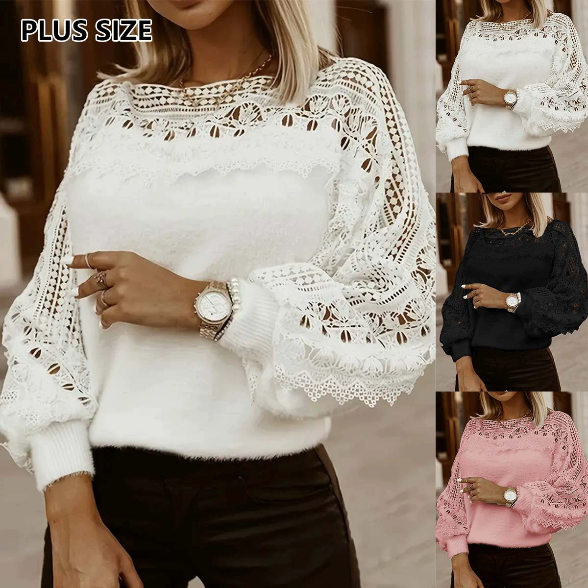 Европейская и американская трансграничная осенне-зимняя женская одежда больших размеров, элегантный универсальный пуловер с полым кружевом и сращиванием