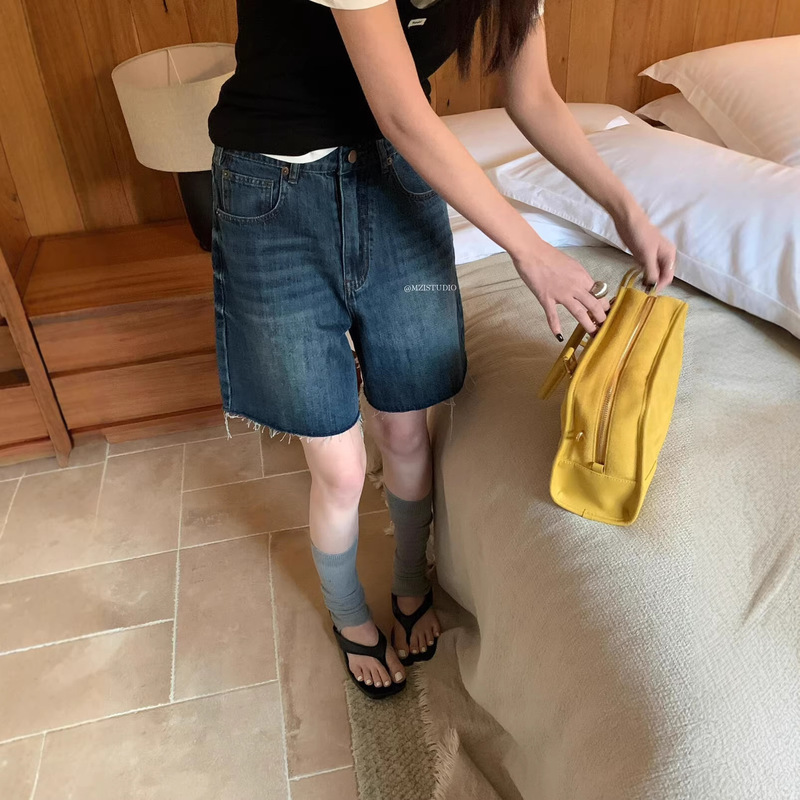 Mzi Studio 2026 Summer Korean Style Casual Retro Classic Washed High-Waisted Pocket Denim Shorts for Women