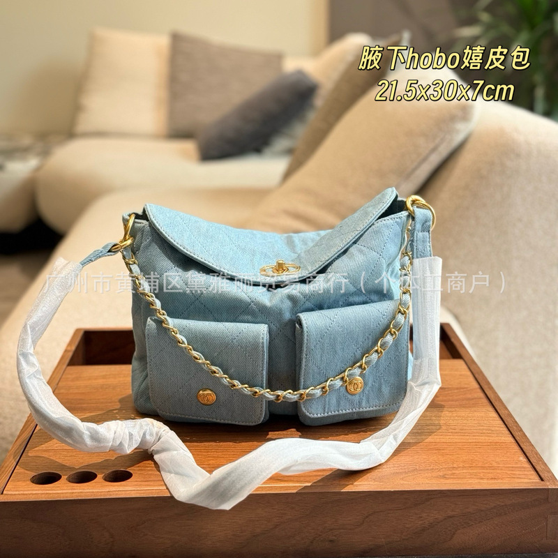 25 新しいファッションヒッピーホーボーバッグデニム脇の下ダブルポケット菱形シングルショルダークロスボディチェーンレディースバッグ|undefined