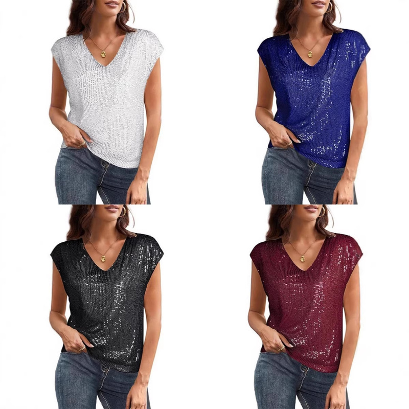 Cross-border Foreign Trade Women's Top Summer Top Top V-Neck Sequin Sleeveless Women's Shiny Vest Party Shirt