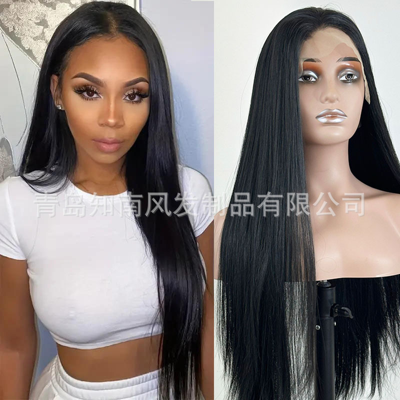 Black Synthetic Wig for Women, Long Straight Hair, High-Temperature Fiber, Full Head Wig, Hand-Tied Lace Front 13*4 Wig, Cross-Border Trade Black Synthetic Wig for Women, Long Straight Hair, High-Temperature Fiber, Full Head Wig, Hand-Tied Lace Front 13*4 Wig, Cross-Border Trade