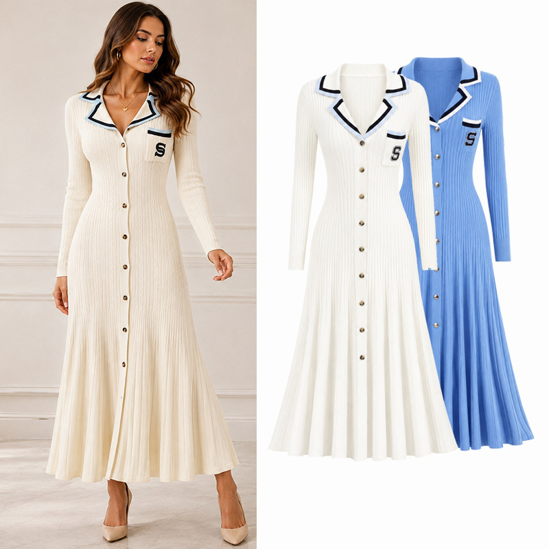 Contrast color navy collar knitted fishtail long dress for women, TikTok style, cinched waist Mermaid Dress, long dress Contrast color navy collar knitted fishtail long dress for women, TikTok style, cinched waist Mermaid Dress, long dress