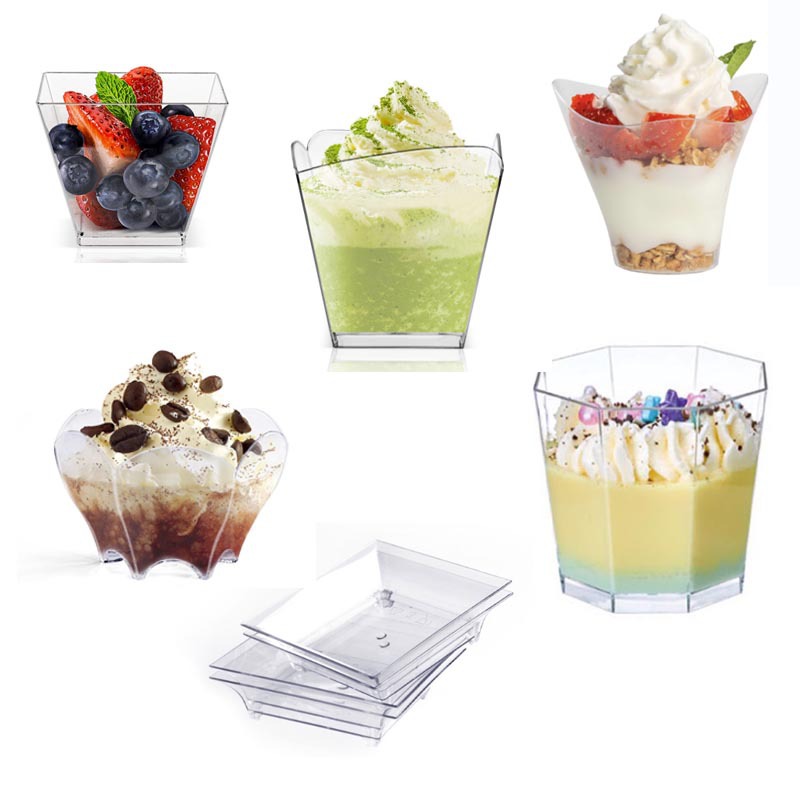 Taza cuadrada puntual Taza redonda Una variedad de tazas de postre Taza de pudín Taza de mousse Plato Cuchara de plástico desechable Amazon