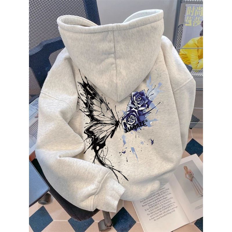 Heavy American Style Retro National Fashion Brand Printed Butterfly Rose fleece-lined Hooded Sweat Men's Autumn and Winter Clothes for Men and Women