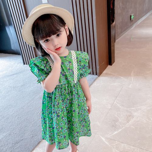 Girls floral dress summer green 2024 new style children's summer skirt princess short-sleeved baby girl