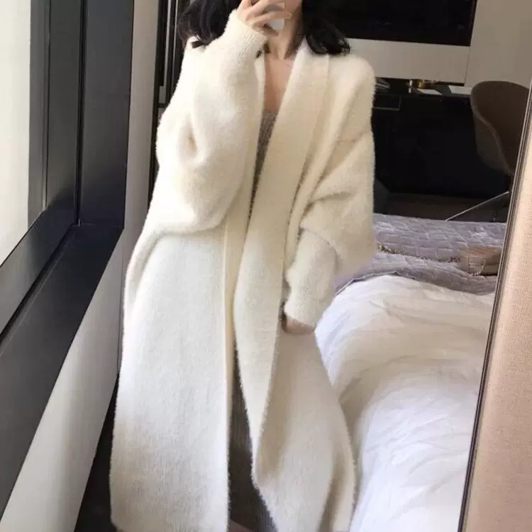 秋冬季新款仿水貂绒软糯中长款毛衣外套女宽松慵懒风针织开衫大衣