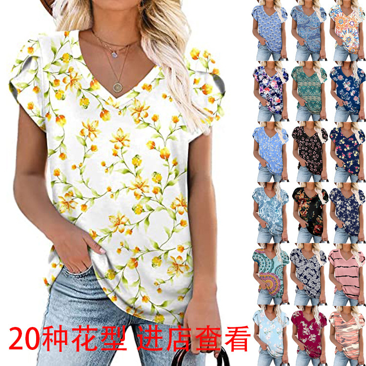 Cross-border European and American Women's 2022 Spring and Summer New Amazon Printed V-neck Short-sleeved T-shirt Loose Casual Foreign Trade Top
