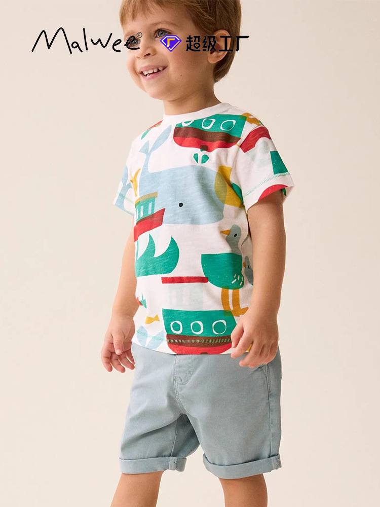 Traje de niño malwee transfronterizo camiseta verano nuevo estilo europeo y americano de manga corta cuello redondo hermoso traje de dos piezas