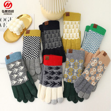 日系秋冬爆款羊毛撞色毛线针织手套复古提花加绒骑车触屏保暖手套