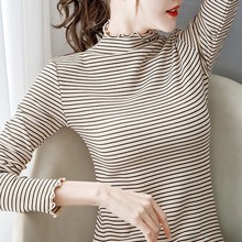 条纹半高领德绒打底衫女装2024年新款秋冬季内搭洋气保暖加厚上衣