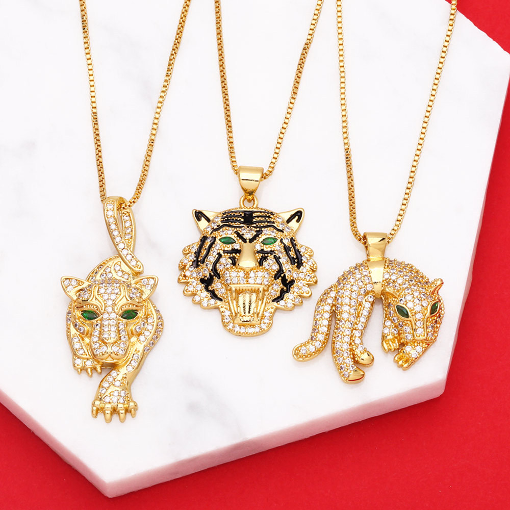 fashion punk style three-dimensional full diamond painting oil tiger head leopard pendant copper nec