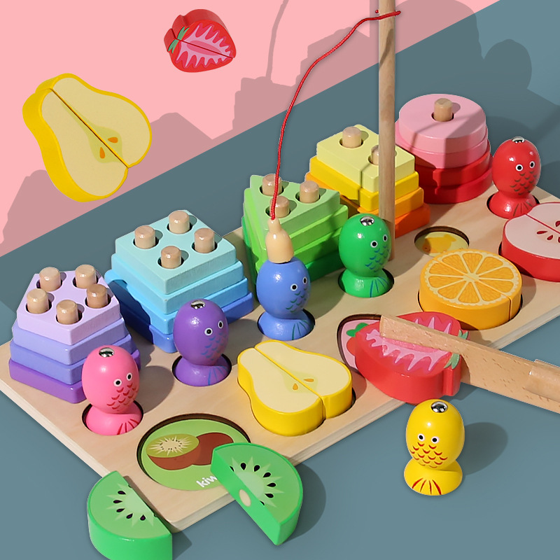 Abeja multifuncional tres en uno de madera para niños pesca magnética cinco juegos de columna de corte de frutas bloques de construcción de música juguetes educativos