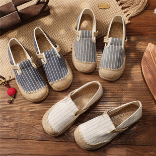 2025 Spring and Autumn New Women's Shoes Ins Trendy Shoes Straight Striped Cotton and Linen Cloth Shoes College Style Round-toe Linen Shoes Slip-on Women