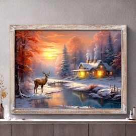 北欧风圣诞雪景小屋带灯装饰画童话风景背景墙挂画客厅卧室壁画