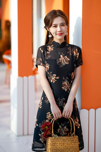 French girl chiffon printing qipao restoring ancient ways improved version of brief paragraph two-piece cheongsam skirt