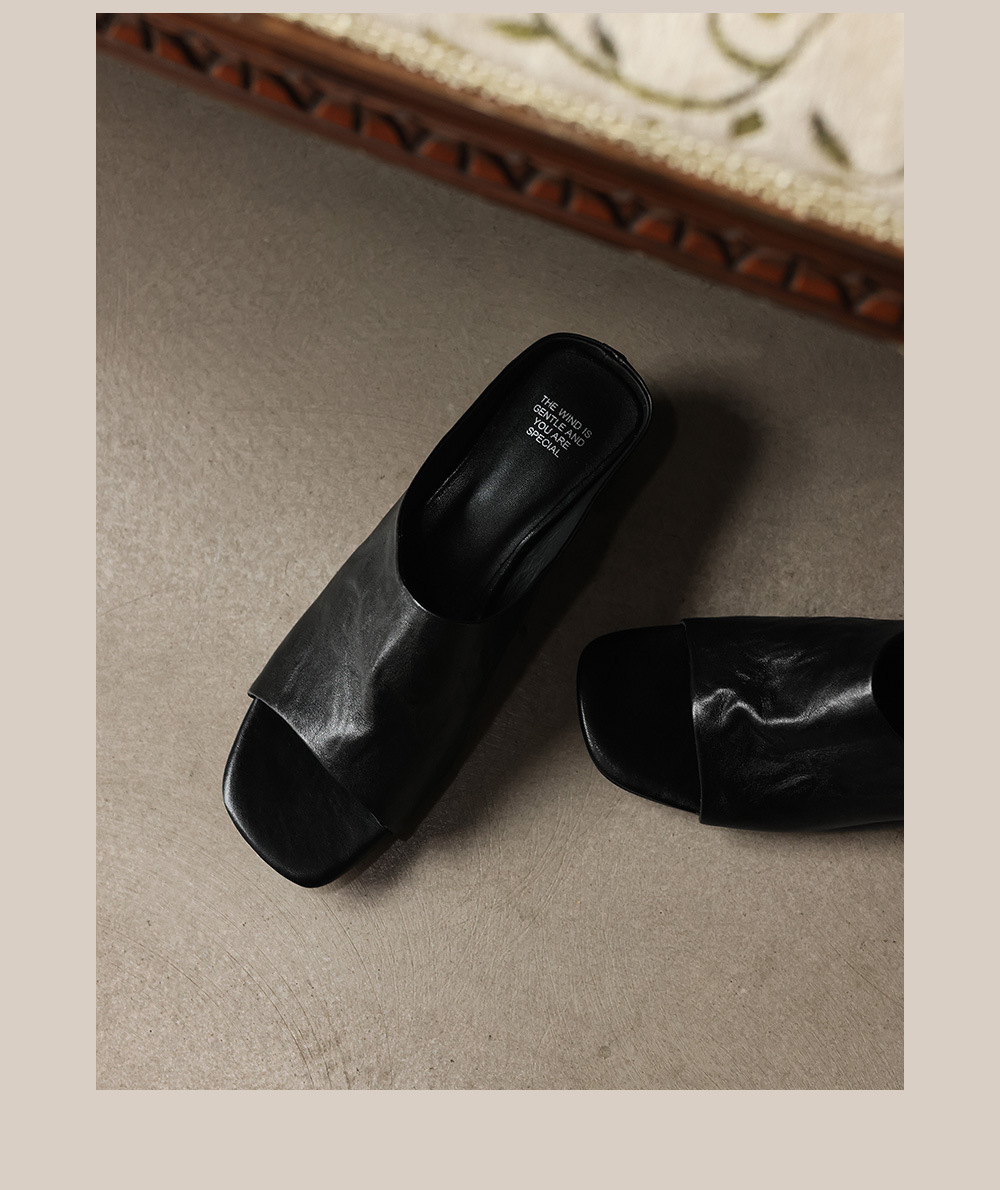 Sandal nữ da bò quai ngang gót thấp hở mũi phong cách Hàn Quốc — đen chi tiết 24