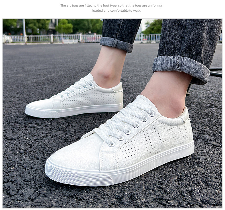 Caoutchouc petit blanc nouveaux trous de maille en cuir décontracté, à lacets d'été, chaussures de sport à fond plat pour étudiants, pour hommes_voghion.com
