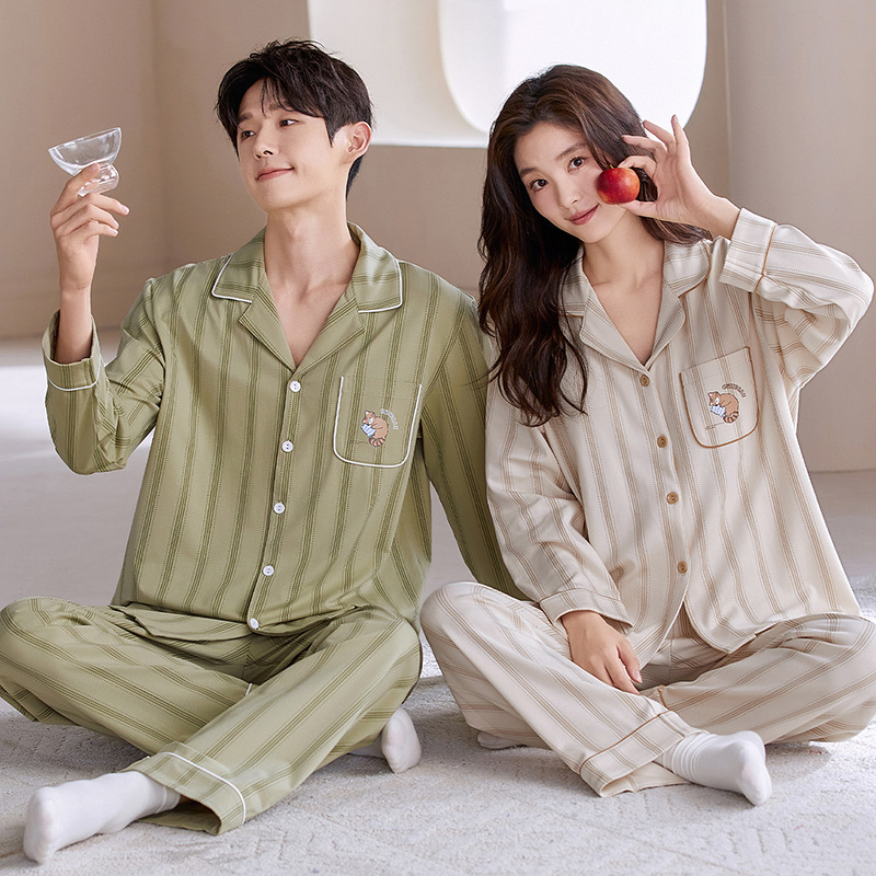 Couple Pajamas Lapel Cardigan Long-Sleeved Korean Style Cute Women's Plus Size Men's Autumn and Winter Home Wear Outer Wear Suit