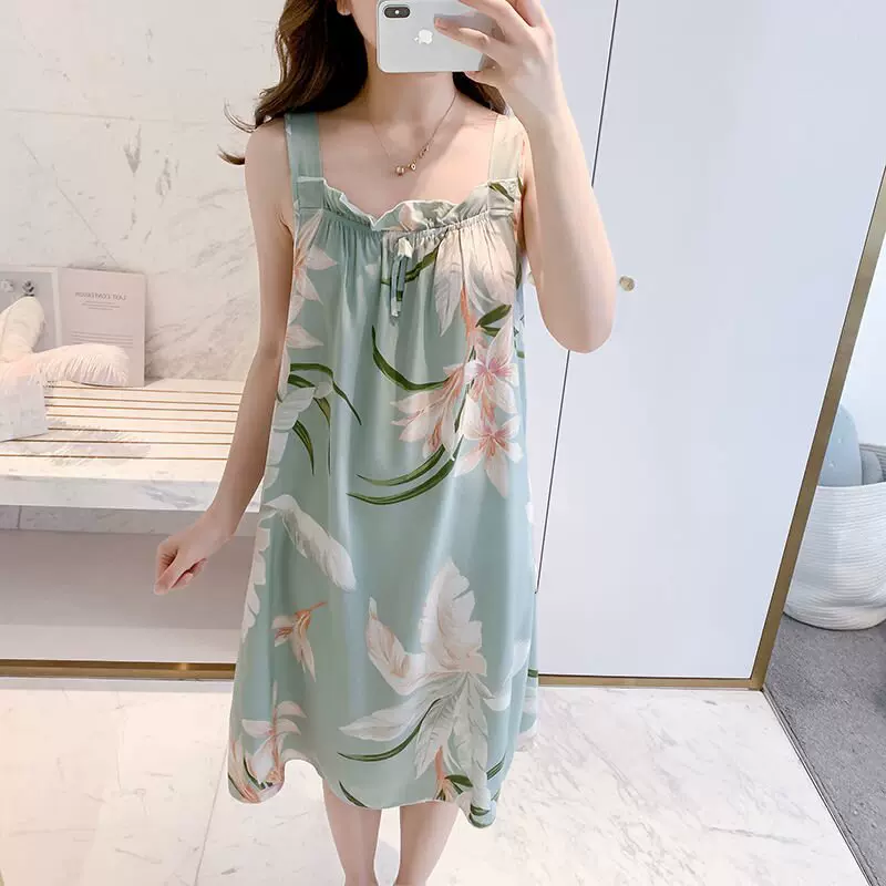 吊带棉绸睡裙女夏长袖无袖绵绸睡衣人造棉连衣裙孕妇短袖薄款MM