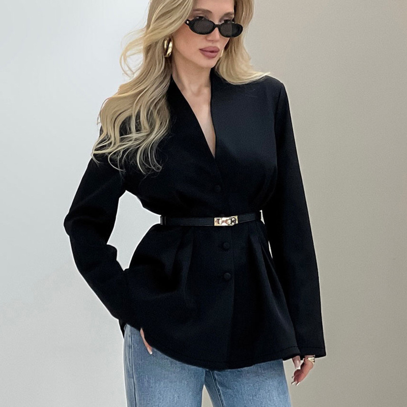 2025 Autumn and Winter New High-End Waist Slim Black Suit Jacket Design, Elegant and Fashionable Cross-Border Commuting