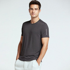 Quick-drying, light and breathable solid color round neck T-shirt for men, summer cool elastic casual style fitness running short sleeve