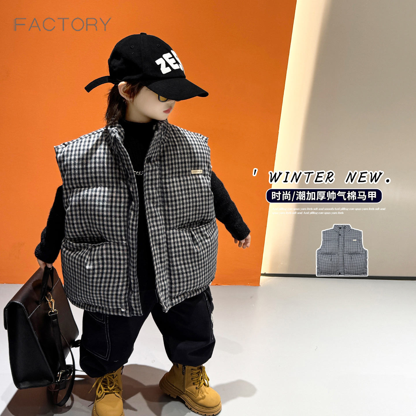 Boys' plaid cotton vest, winter style, 2026 new style, fashionable casual thickened vest, baby's stylish cotton coat