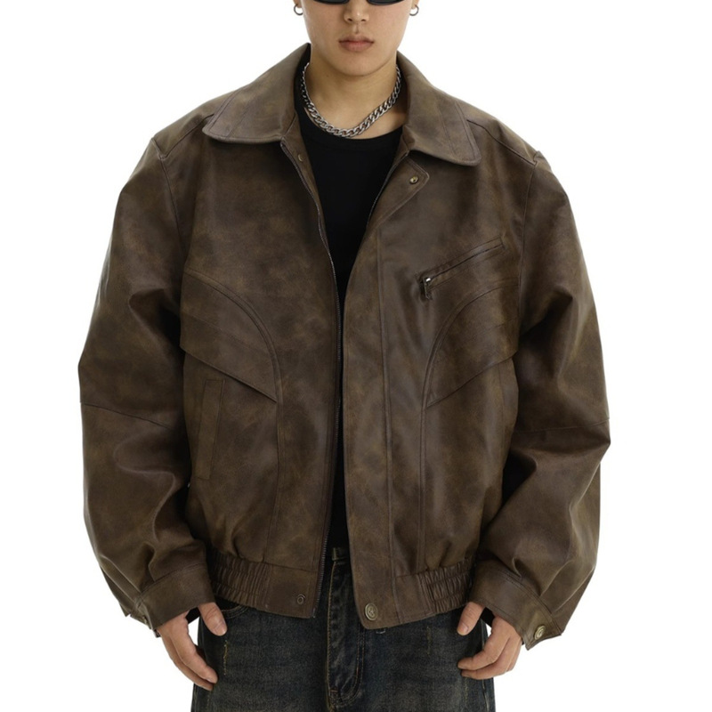 American Style Retro Brown Old Leather Jacket Men's Trendy Brand Plutton Handsome Design Sense Niche Couple's Casual Lapel Jacket