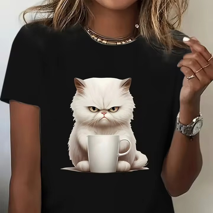 【Cross-Border European Size】Angry Kitten Print Crew Neck T-Shirt Casual Short Sleeve T-Shirt Spring/Summer Women's Fashion 【Cross-Border European Size】Angry Kitten Print Crew Neck T-Shirt Casual Short Sleeve T-Shirt Spring/Summer Women's Fashion