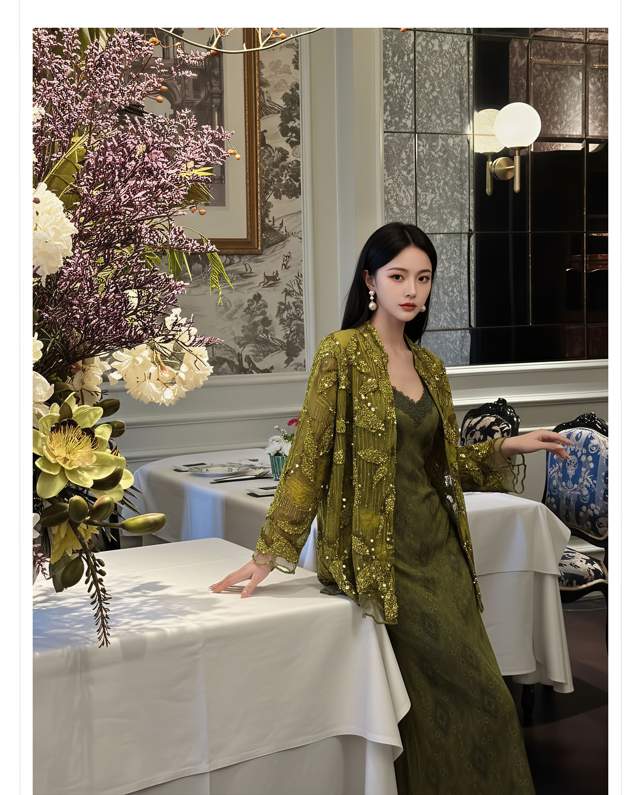 Bộ áo kiểu tân cổ điển phối váy yếm ren hoa thêu — Bộ【Áo vàng xanh + Váy yếm màu matcha】, Áo vàng xanh, Váy yếm màu matcha, Váy yếm đen cao cấp chi tiết 4