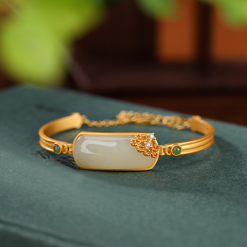 Vòng tay nữ bạc S925 mạ vàng đính ngọc bích jasper phong cách Trung Quốc — Một chiếc