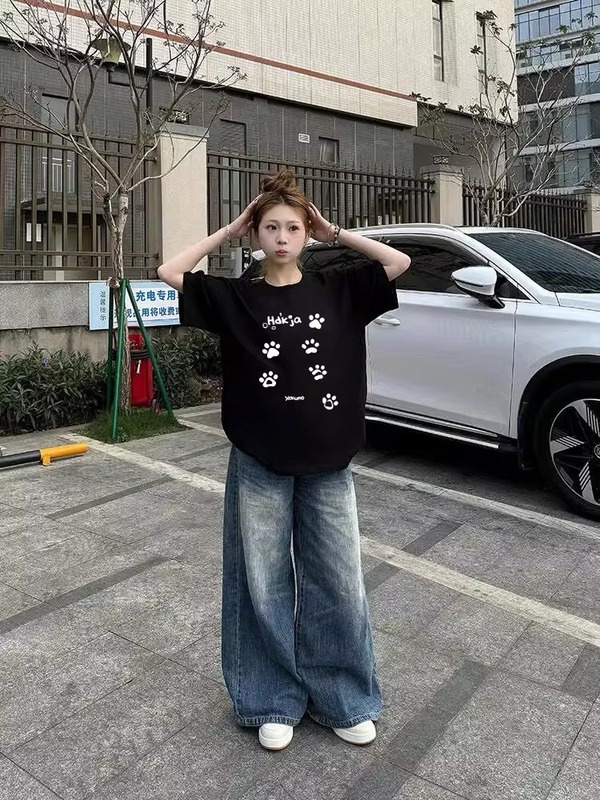 chic韩系可爱风卡通印花黑色短袖t恤女小众设计宽松休闲显瘦上衣|undefined