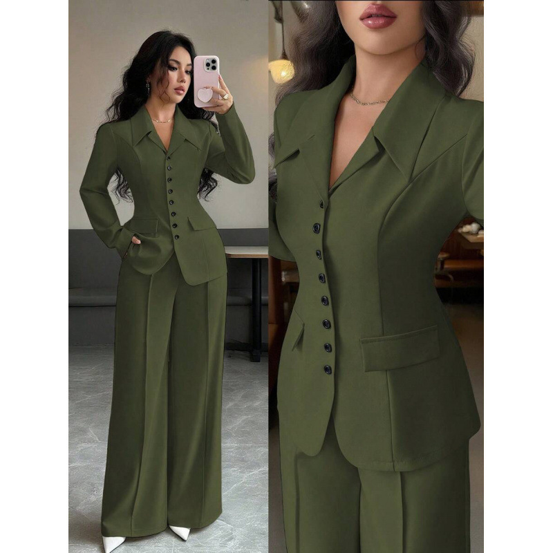Cross-border Amazon European and American Autumn Elegant Lapel Long-Sleeve Waist-Cinching Blazer Women's Loose Straight-Leg Pants Two-Piece Set Cross-border Amazon European and American Autumn Elegant Lapel Long-Sleeve Waist-Cinching Blazer Women's Loose Straight-Leg Pants Two-Piece Set