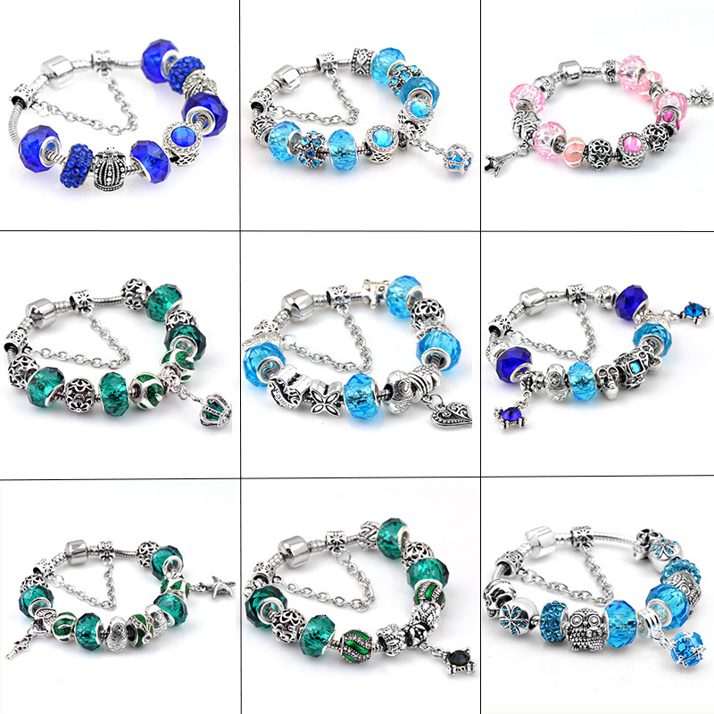 European and American Jewelry DIY Multi-Color Glass Crystal Beaded Bracelet Owl Large Hole Beads Peach Heart Crown Couple Bracelet