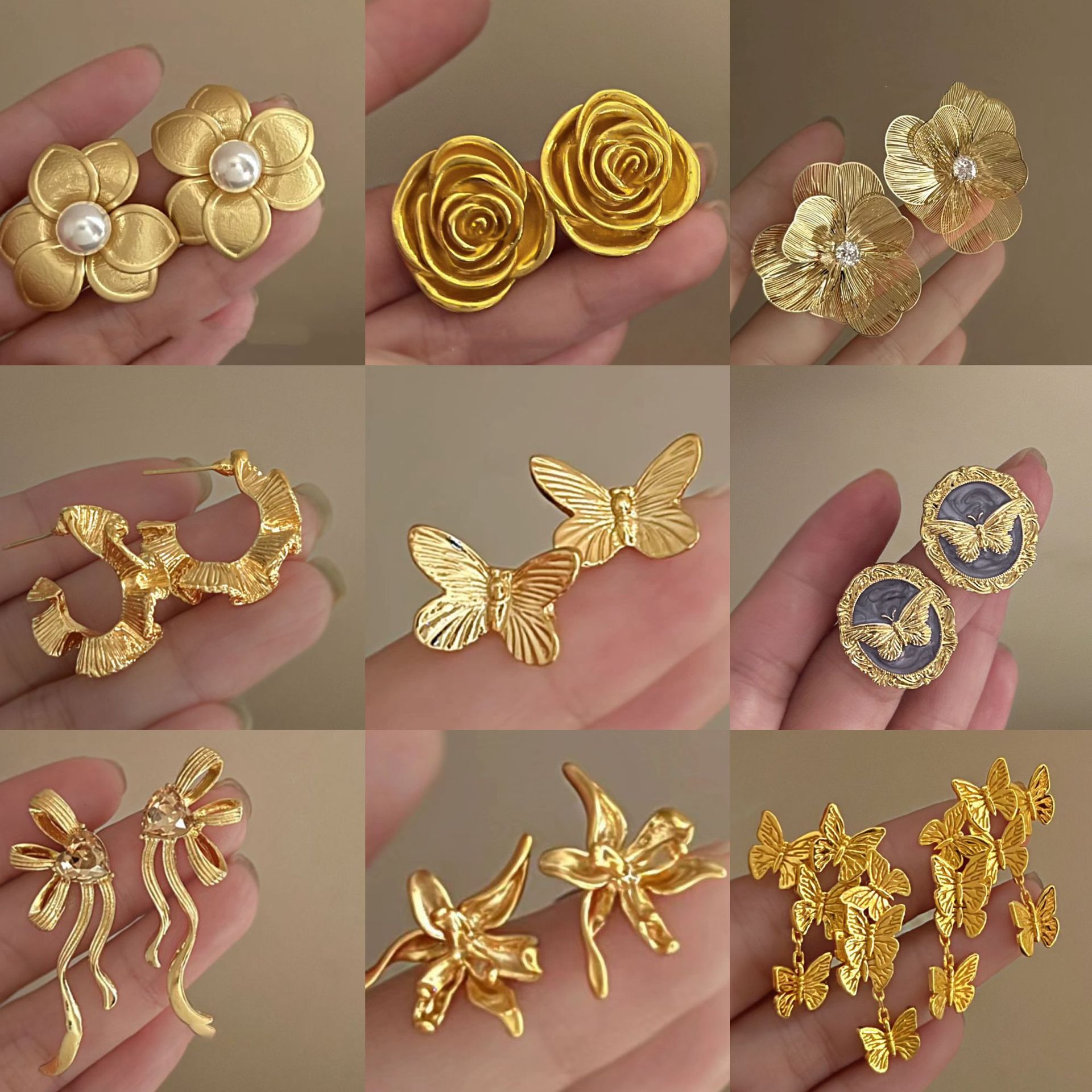 Pendientes de perlas de mariposa de flores retro de oro real, agujas de plata galvanizadas, pendientes de diseño exagerado, pendientes de sentido avanzado de nicho