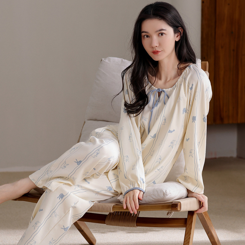 睡衣女长袖长裤纯棉薄款女士春秋季全棉家居服两件套装吸汗休闲风|undefined