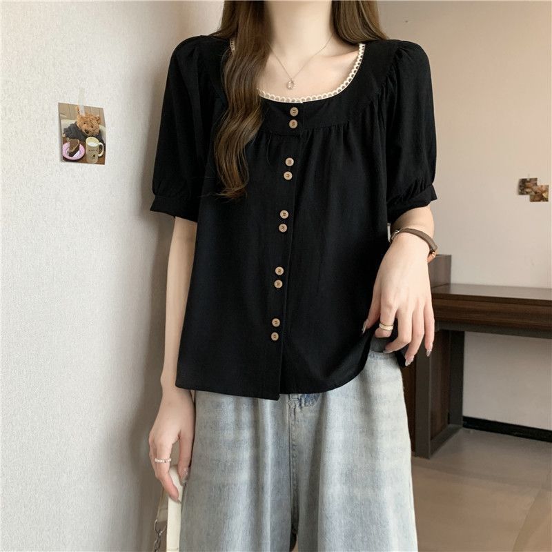 フレンチレースラウンドネック多用途ベビードールシャツ女性用夏の新しいデザインプリーツスタイルシャツシックな年齢軽減シャツ|undefined