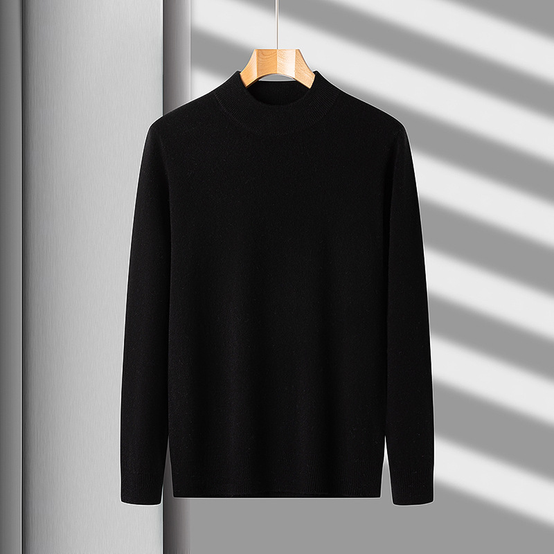 2025 nuevo suéter plano de cuello medio alto para hombres de mediana edad otoño y invierno cálido 100% suéter de lana