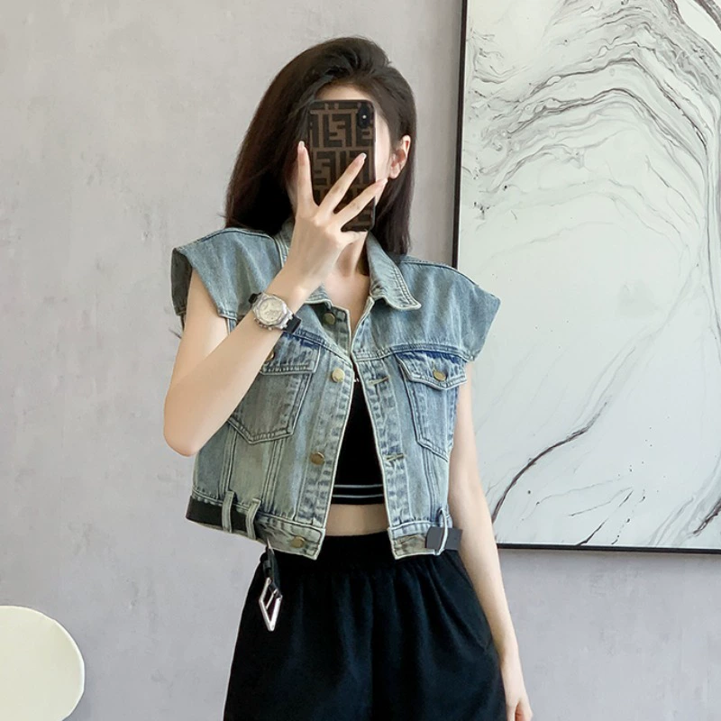 Дизайн denim летний жилет, тонкая майка-водолазка, безрукавка, тренд сезона, оверсайз