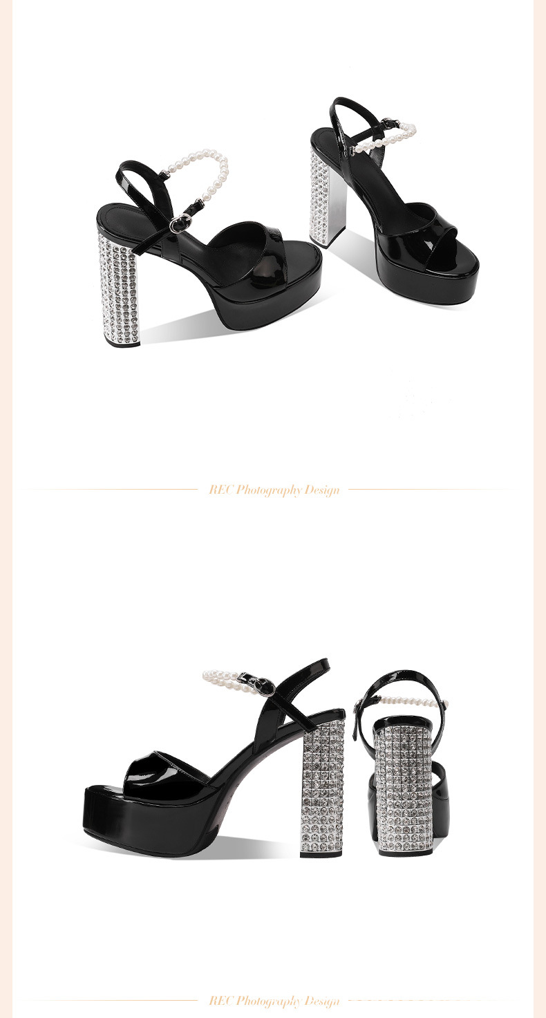 Sandal nữ cao gót mũi tròn quai ngang đính đá gót dày platform da sáng chế — đen chi tiết 3