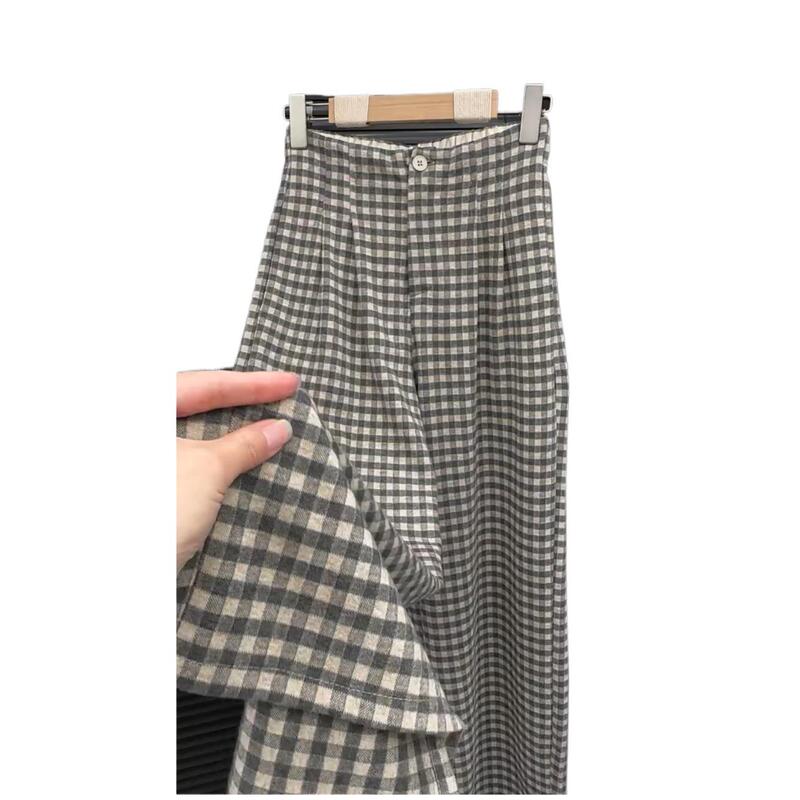 2025秋季新款复古拉链格子裤女半松紧垂感宽松百搭显瘦纽扣阔腿裤|undefined
